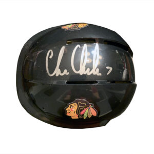 Black Chicago Blackhawks mini-helmet signed by Chris Chelios