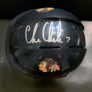 Top View of Black Blackhawks Mini-Helmet signed by Player Chris Chelios