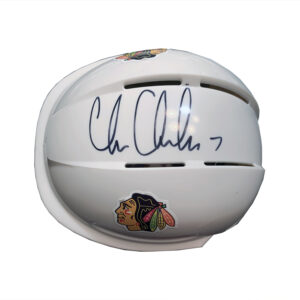 White Chicago Blackhawks mini-helmet signed by Chris Chelios