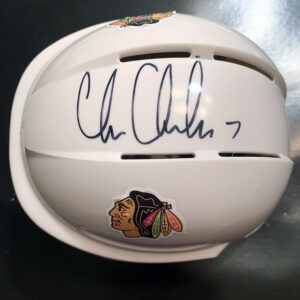Top View of a White Blackhawks Mini-Helmet signed by Player Chris Chelios